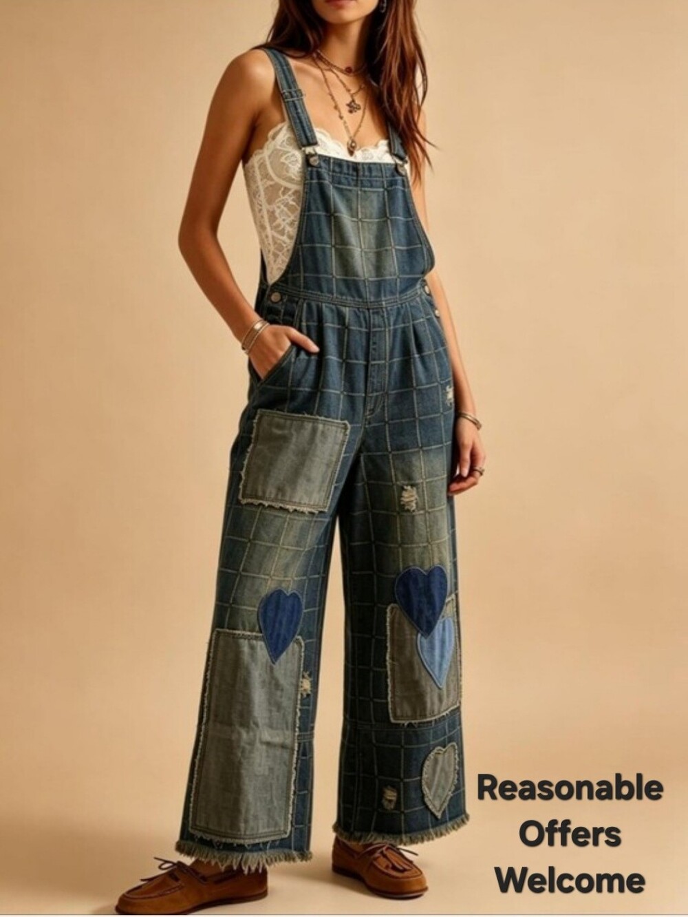 Wide-Leg Dark Blue Patchwork Heart Denim Overalls for Women. NWT